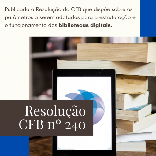 Resolução CFB nº 240,imagem com fundo branco, contendo imagens livros e um tablet.
