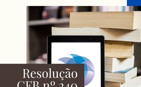 Resolução CFB nº 240,imagem com fundo branco, contendo imagens livros e um tablet.